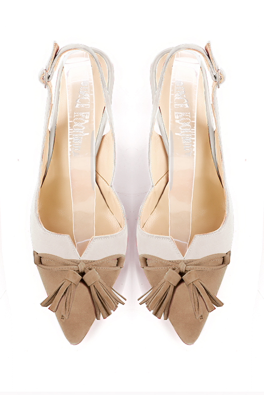 Tan beige and off white women's open back shoes, with a knot. Tapered toe. Medium slim heel. Top view - Florence KOOIJMAN